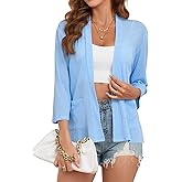 Poplab Womens Summer Loose Fit Lightweight Cardigan 3/4 Sleeve Open Front Sheer Cover Ups Hight Low Hem with Pockets