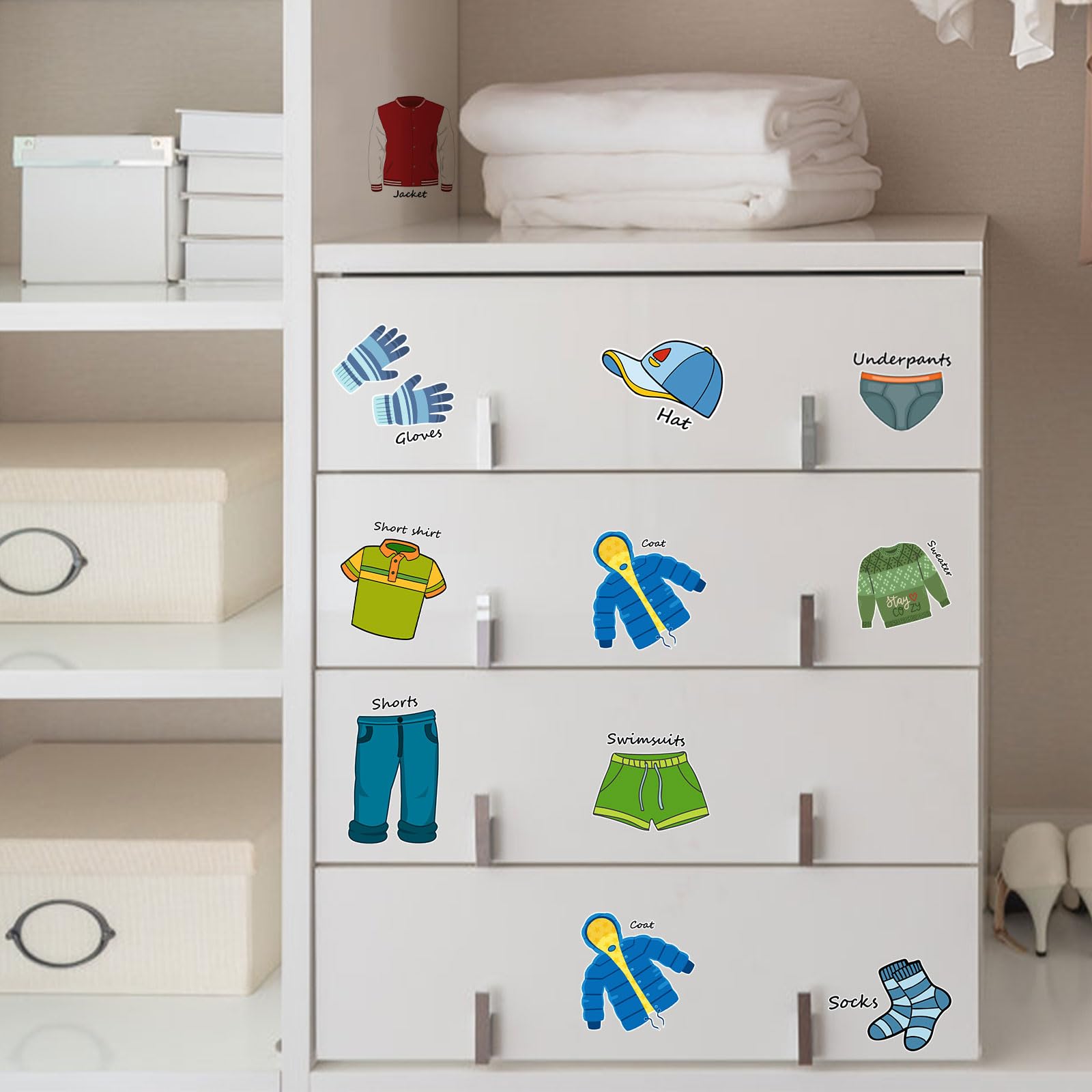 2 Sheets (32 Count) Clothing Labels for Kids, 11.02x11.02 Inch Wardrobe Stickers, Clothes Classification Decals for Drawer, Dresser, Bedroom Home Decoration