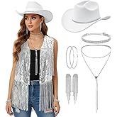 Cutecrop 7 Pcs 70s Cowgirl Costume Disco Hippie Outfit for Women Tassel Vest Jacket Cowboy Hat Fringe Silver Concert Outfit