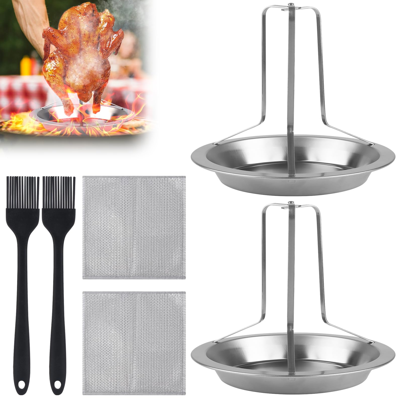 GHVACZS Set of 2 Stainless Steel Chicken Roasters, Vertical Chicken Stand, Chicken Holder Grill, Removable Chicken Grill with 2 Oil Brushes and 2 Cleaning Cloths for Ovens, Grills, Camping Stoves