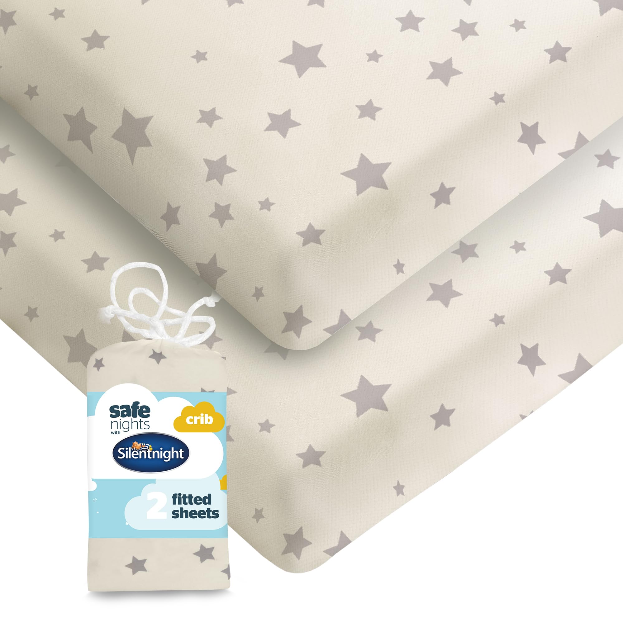 Silentnight Safe Nights Fitted Sheet - Crib Mattress - Breathable 100% Cotton Jersey – Super Soft Kind to Baby Skin - 90x40cm - Secure Fit with Elasticated Corners - 2 Pack, Grey Stars