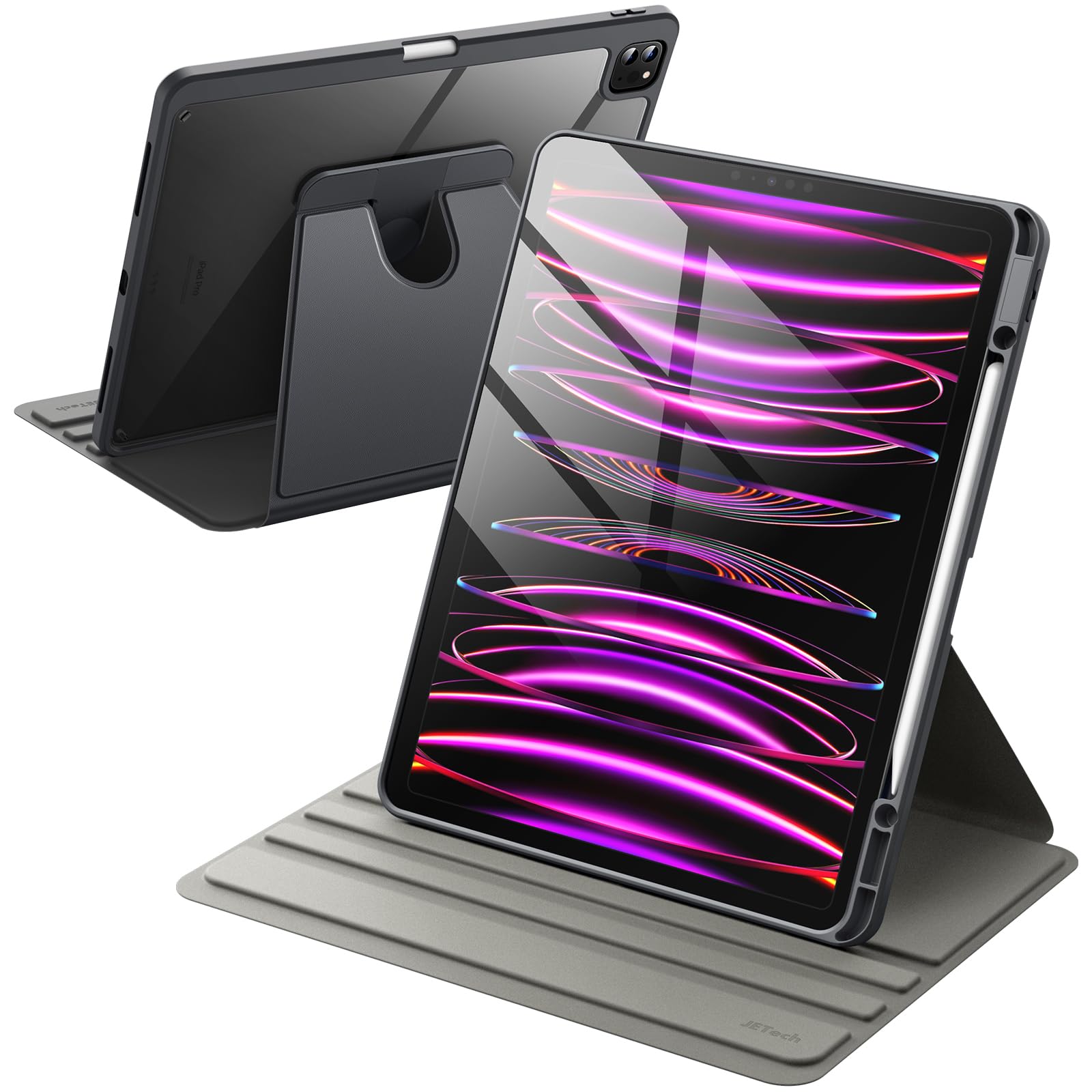 JETech Rotating Case for iPad Pro 12.9-Inch (2022/2021/2020/2018) with Pencil Holder, 360 Degree Rotation Protective Stand Cover Clear Back, Auto Wake/Sleep (Space Gray)
