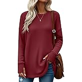 Velvelhall Women's Oversized Waffle Knit Tunic Tops, Long Sleeve Crew Neck Drop Shoulders Shirts with Thumb Hole Loose Blouse