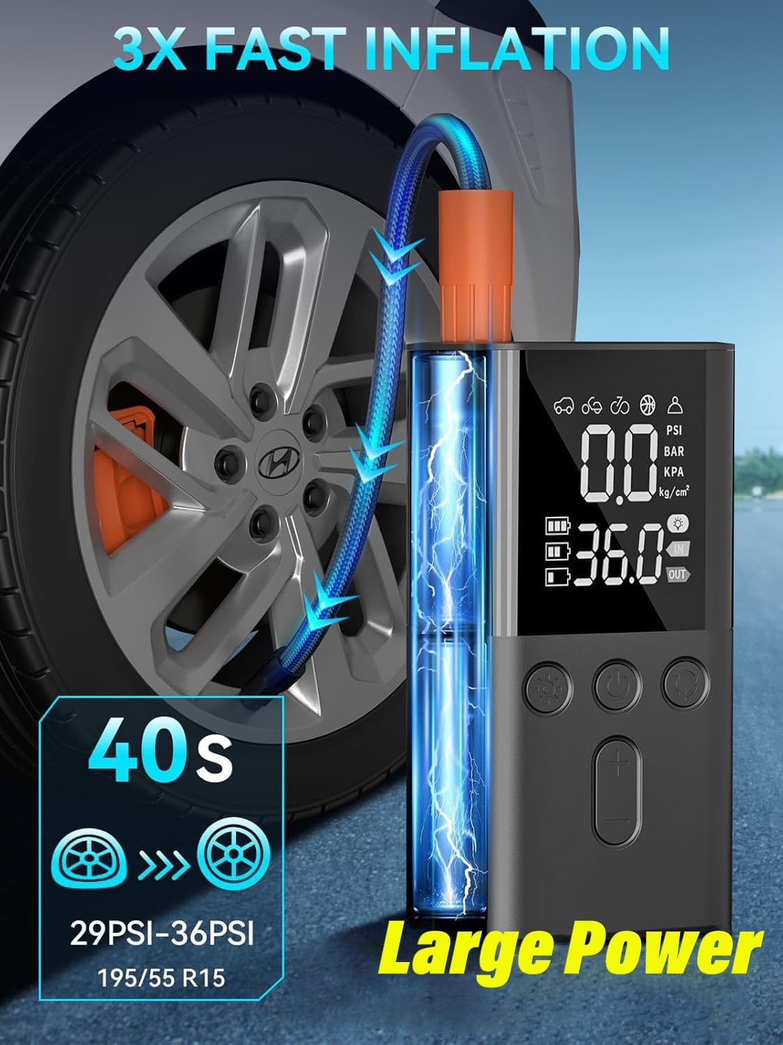 WYRIAZA Elektrische Luftpumpe 150PSI 4 Modi Akku Kompressor Luftpumpe Fahrrad Auto Autoreifen Mini Pumpe Luftkompressor Fahrradpumpe mit Digital LED Autos Fahrräder Motorräder (PSI, BAR, KPA, KG/cm²) 2