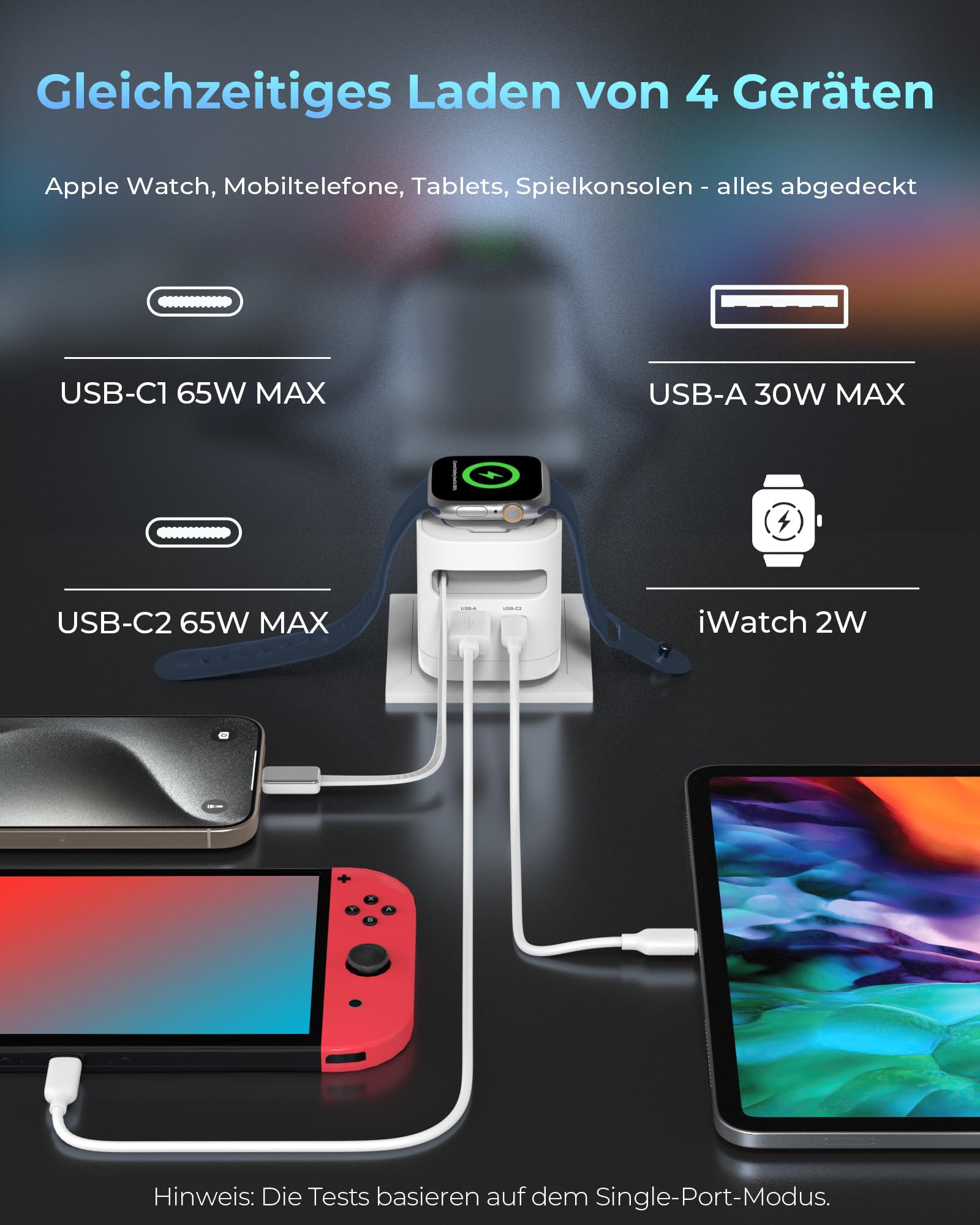 Einziehbares 65W USB C ladegerät mit Kabeln für Apple Watch, 4-Port GaN USB C Ladegerät Netzteil mit Schnellladekabel für Apple Watch Ultra/11/10/9/8/7 Serie, MacBook Serie, iPhone, iPad, Galaxy. Weiß 5