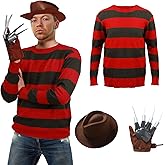 Halloween 3PCS Scary Costume Adult Red Striped Sweater with Claw Cowboy Hat
