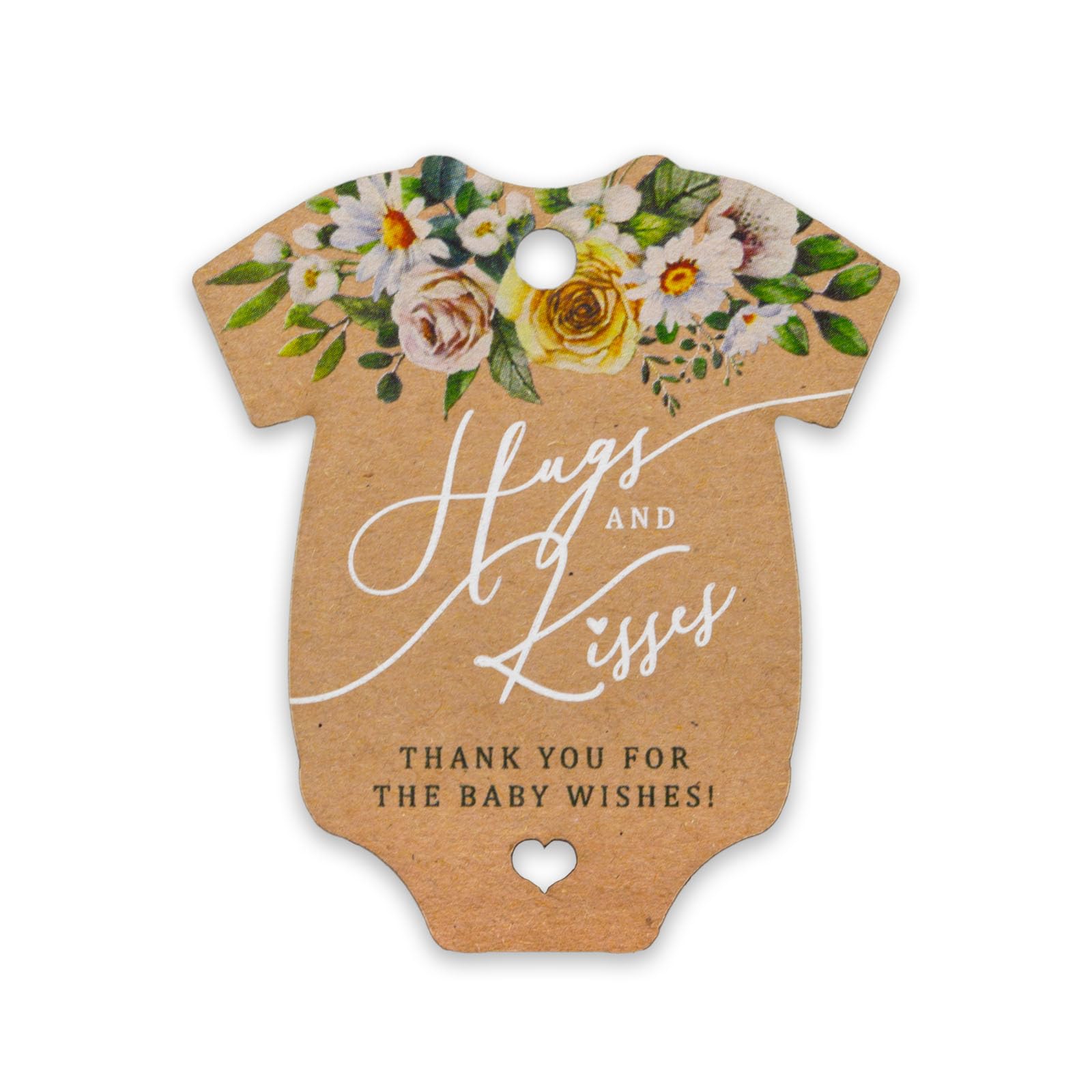 Summer-Ray 50pcs Baby Onesie Hugs & Kisses Thank You for The Baby Wishes Floral Themed Baby Shower Favour Tags (Kraft Brown)