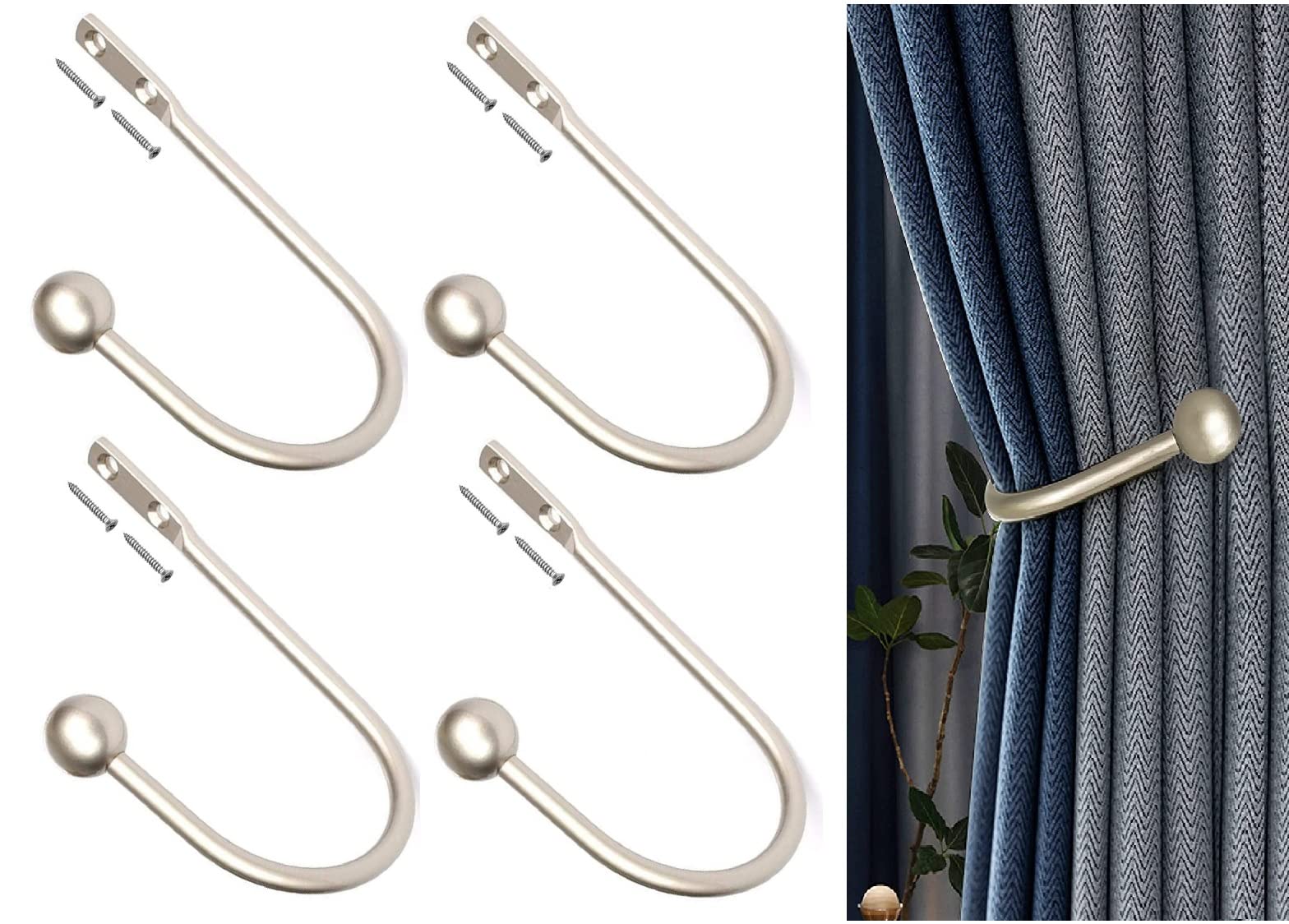TERF® Traditional Vintage Style U Shaped Silver Curtain Hold Back Tie Back Hooks Tassel Holder Hook Window Wall Mounted Curtain Tie Back Holder Hooks With Fixing Screw - Pack of 4