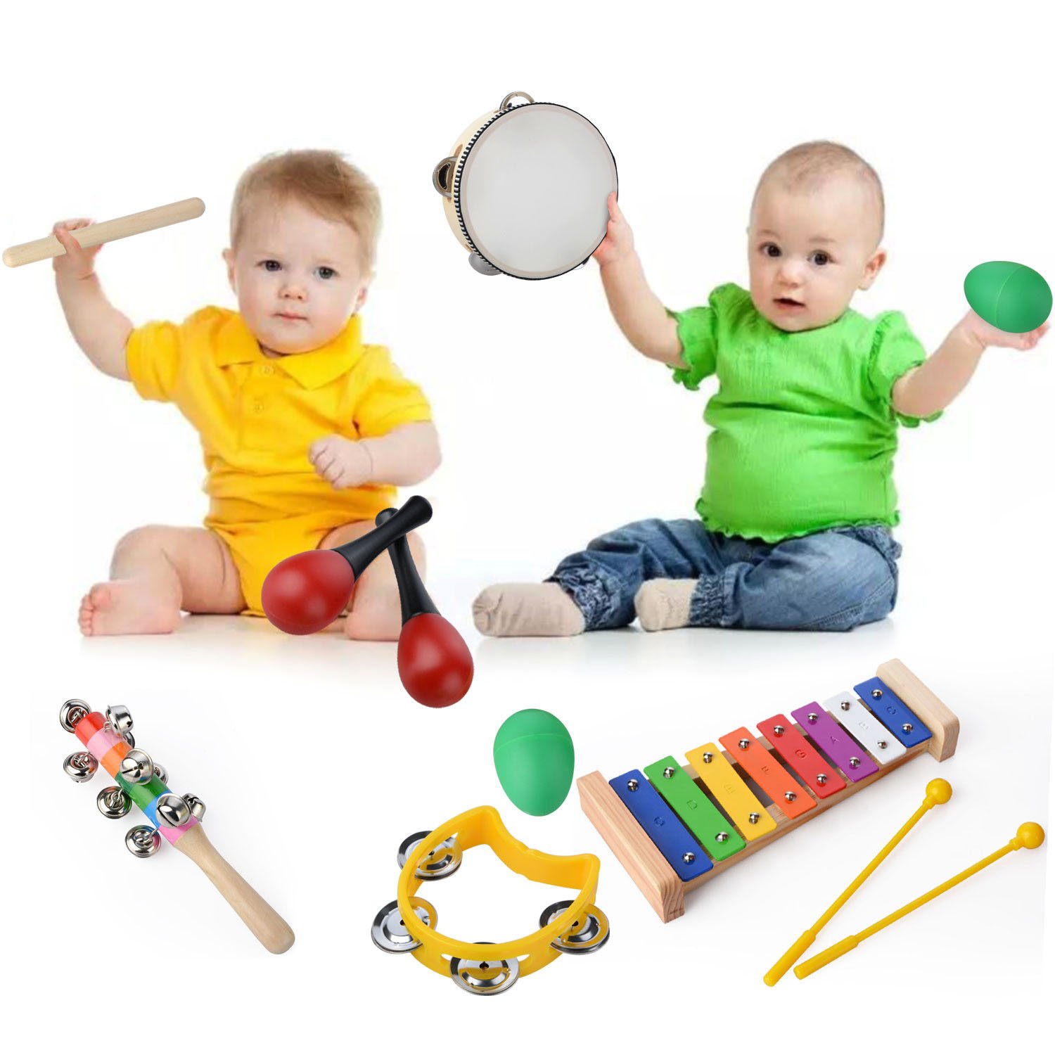 MUITOBOM 20 Pcs Toddler & Baby Musical Instruments Set – Percussion Toy Fun Toddlers Toys Wooden Xylophone Glockenspiel Toy Rhythm Band Set, Percussion Set for Kids of All Ages