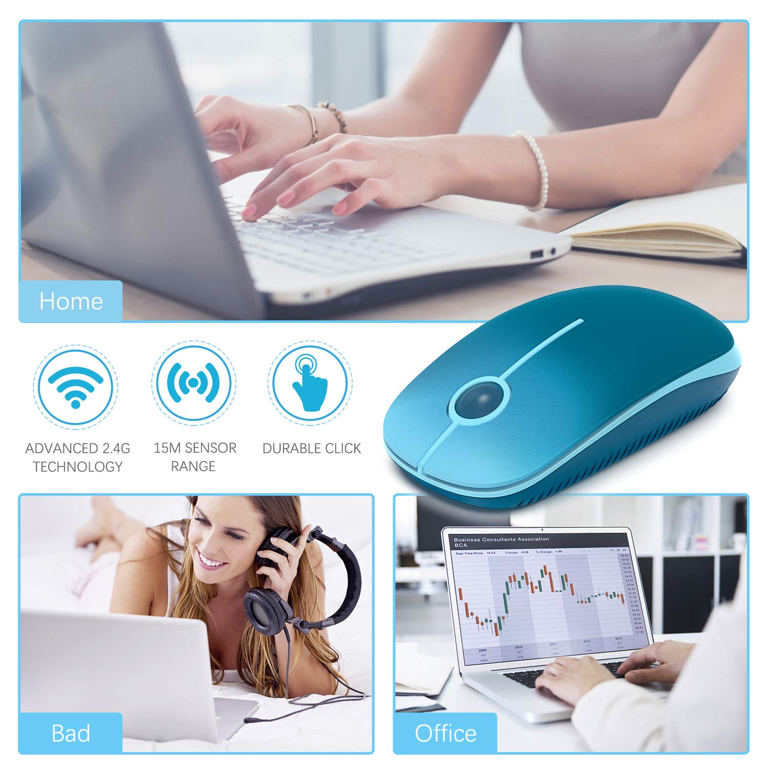 VssoPlor Wireless Mouse, 2.4G Slim Portable Computer Mice with Nano Receiver Quiet Silent Optical Laptop Mouse for Notebook, PC, Laptop, Computer-Gradient Blue