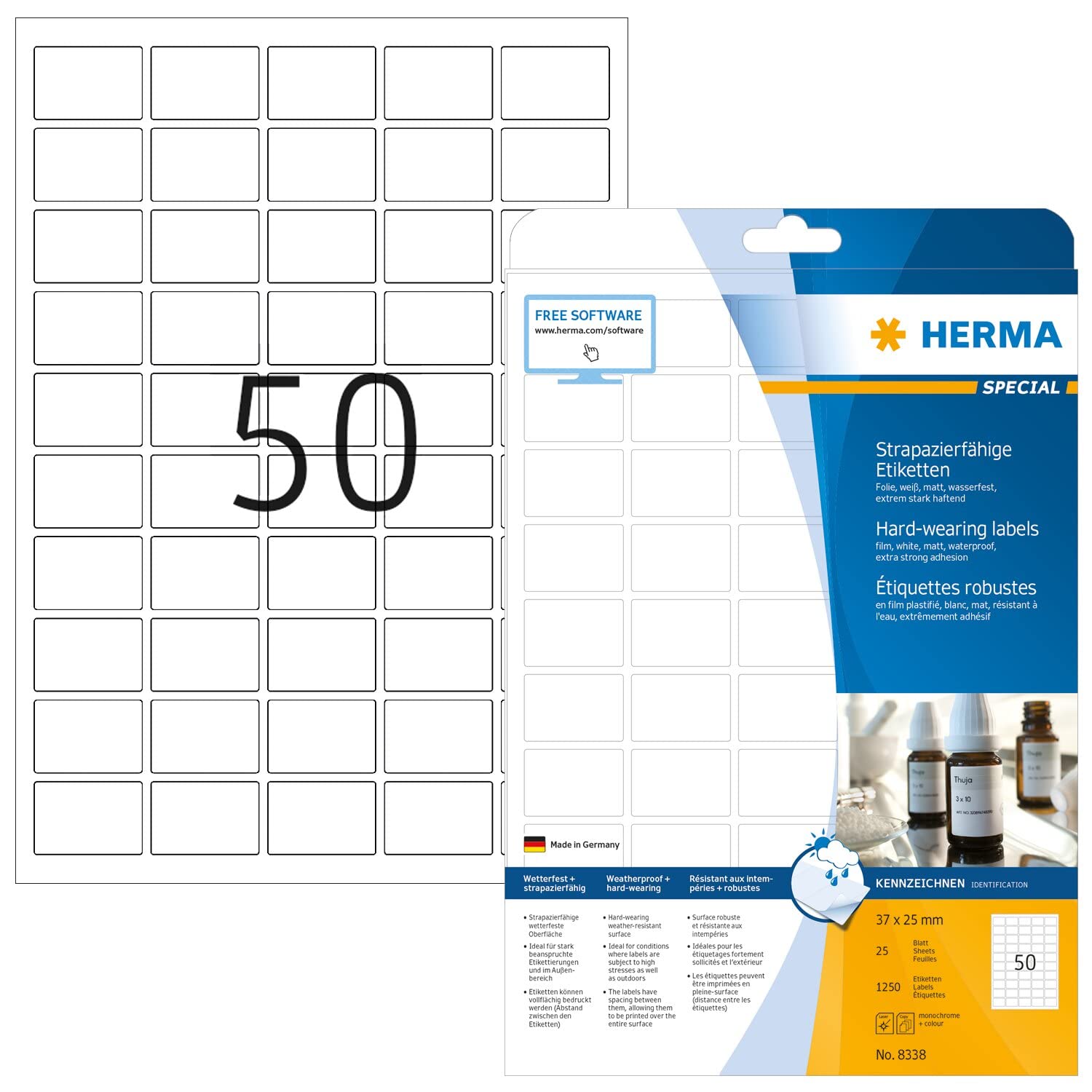 HERMA Self Adhesive Film Labels, 50 Labels per A4 Sheet, 25 Sheets, 37 x 25 mm, 1250 Labels, Blank Weatherproof Labels Stickers, Sticky Labels for Laser & Inkjet Printer, White