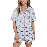 HMPEAIIY Women Y2k Pajamas Set Cute Preppy 2PCS Button Down Holiday Monkey Shorts Summer Outfit Beach Vacation Loungewear Pjs Sleepover Party Birthday Gift(Blue Cherry, XX-Large)