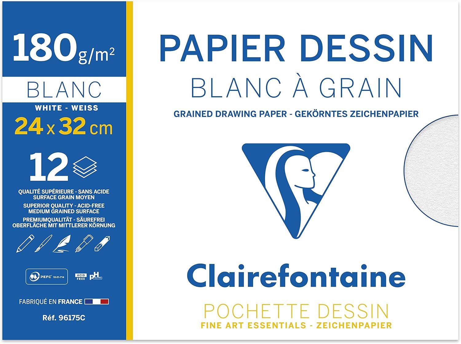 Clairefontaine - Ref 96175C - Grained Drawing Paper (Pack of 12 Sheets) - 24 x 32cm Size, 180gsm Paper, Acid Free - Light Grain Side & Heavy Grain Side - White — image 1