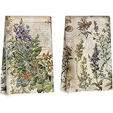 2 Pcs Vintage Botanical Kitchen Towels, Floral Decorative Absorbent Microfiber Dish Cloth Tea Towel, Waffle Soft Hand Towels for Farmhouse Home Bathroom, Housewarming Gifts