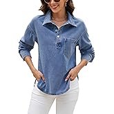 EZAPINE Denim Tops for Women Long Sleeve Denim Shirt Blouses Button Up Pullover Jean Shirt with Pocket