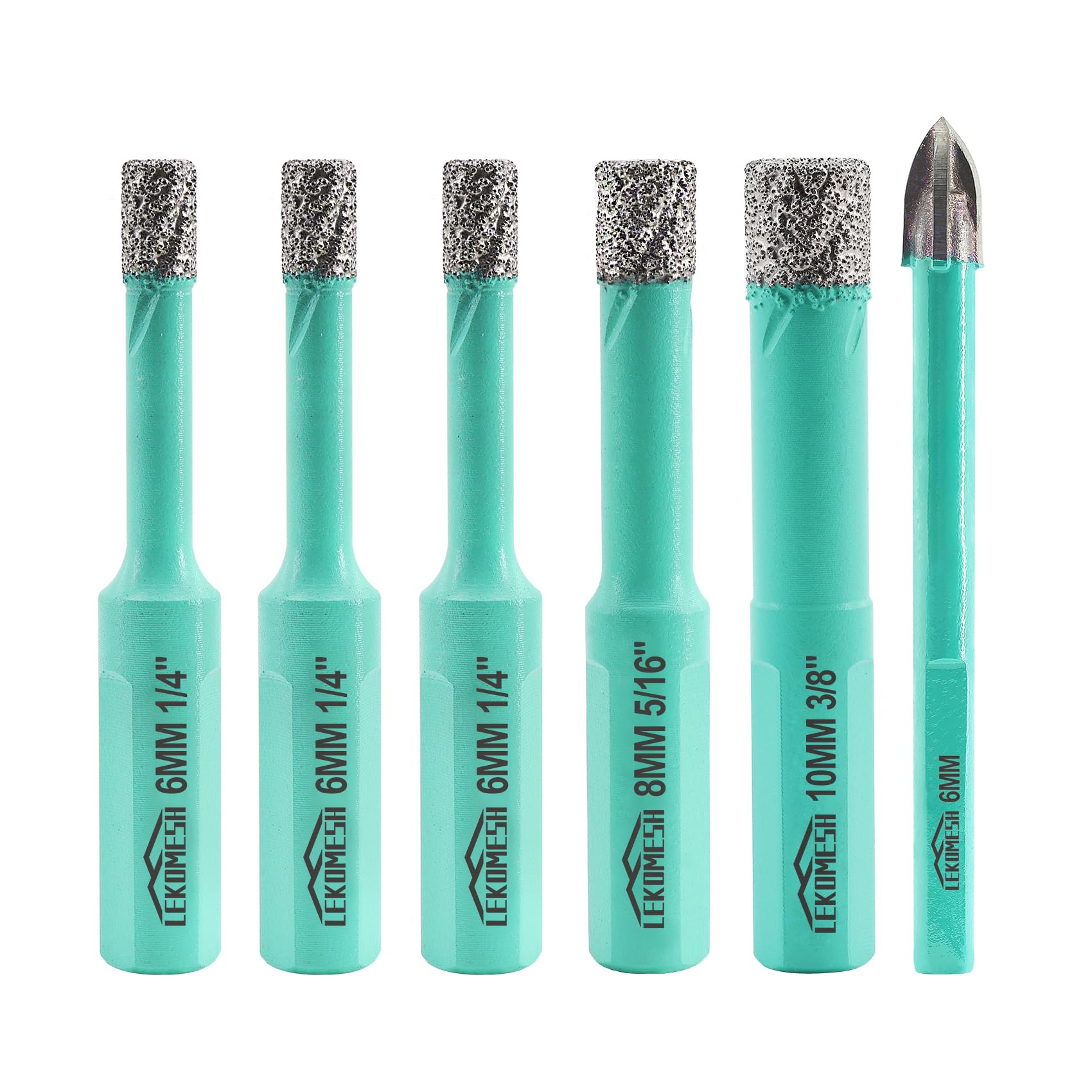 LEKOMESH Diamond Drill Bit Kit - 5pcs 6/6/6/8/10MM Diamond Hole Saw & 1pc 6MM Carbide Drill Bit with Triangle Shank for Porcelain Tile Drill Bits for Ceramic Marble Granite Stone