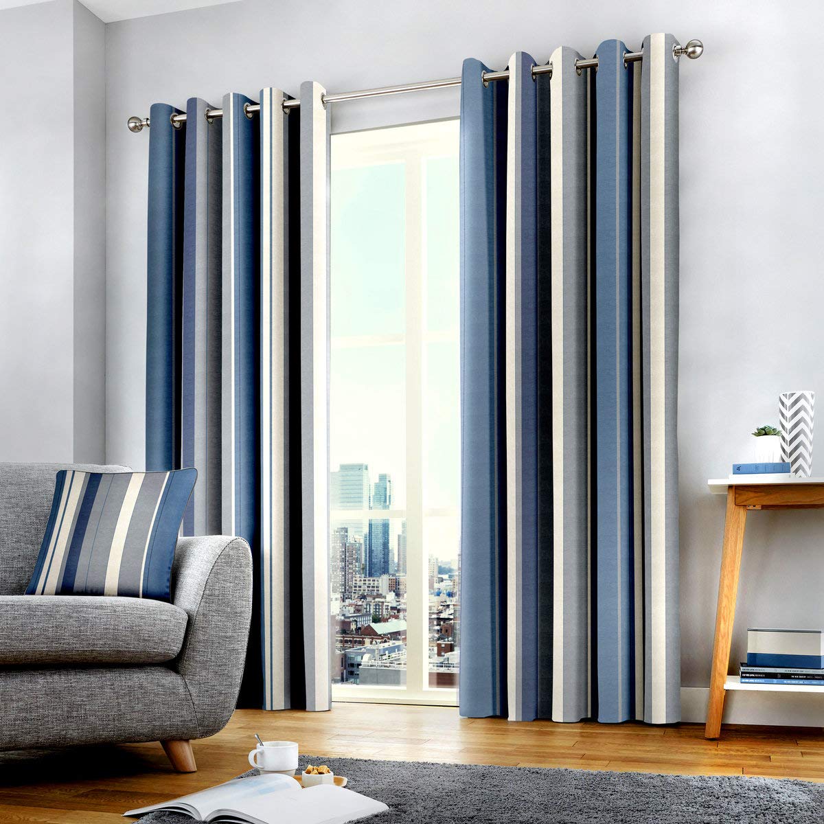Fusion Whitworth Stripe Eyelet Lined Curtains, Blue, 46 x 72 Inch