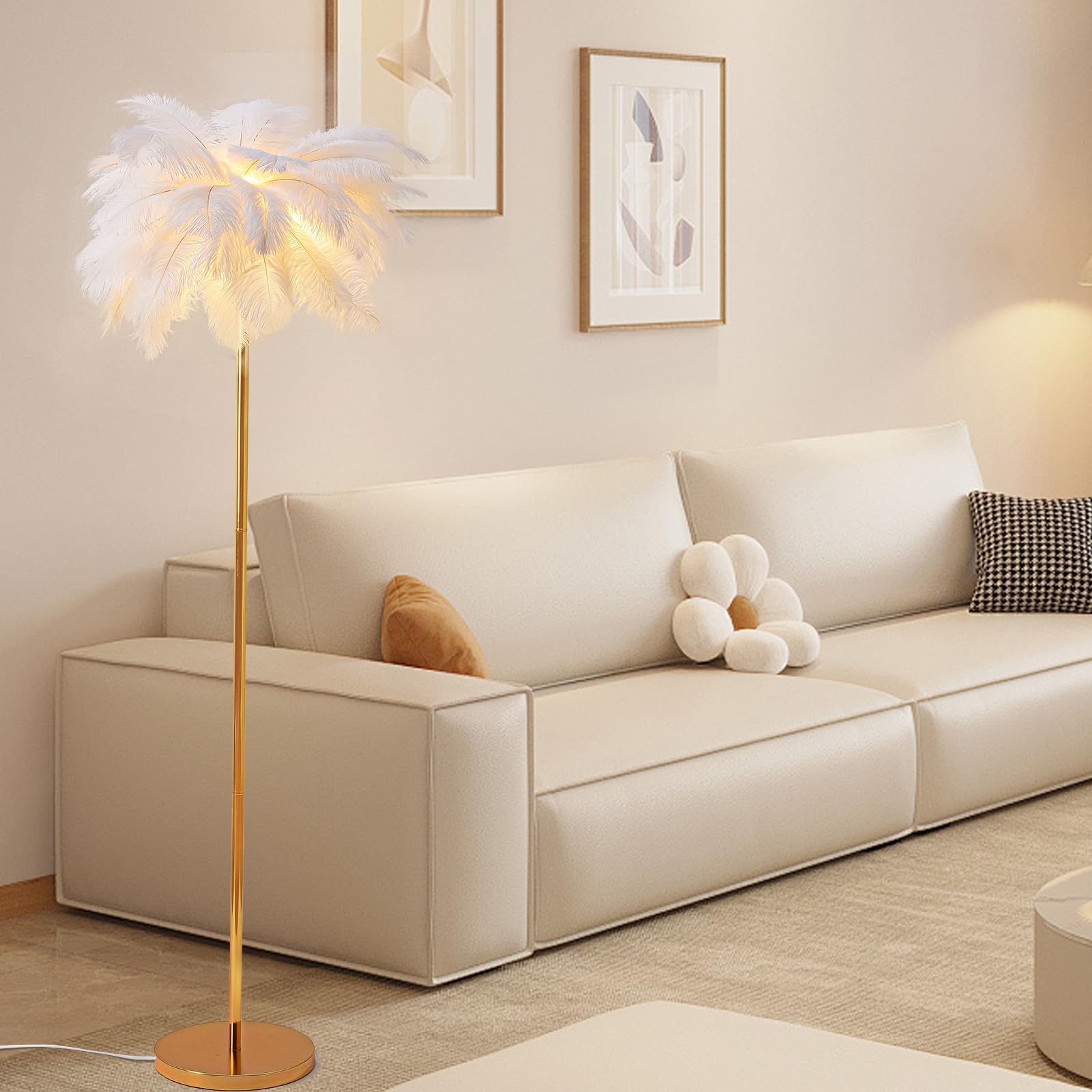 Photo 1 of OLUZFAN Ostrich Floor Lamp, 63'' Height Natural Feather Lamp for Living Room, 3 Color Temperatures LED Bright Bulbs, Modern Bedroom Floor Lamp Standing Light with Foot Switch for Bedroom (White)