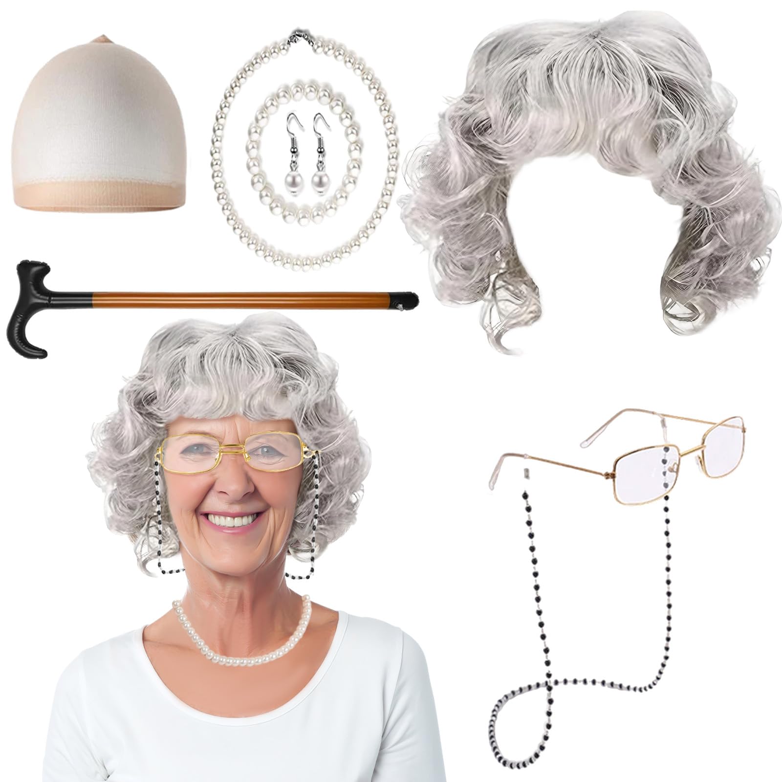 Onperpoe Old Lady Costume Set, Granny Wig Cap Pearl Bracelet Necklace Earrings Cane Glasses with Glasses Chain Old Lady Fancy Dress Halloween Costumes World Book Day Accessories Carnival Masquerade