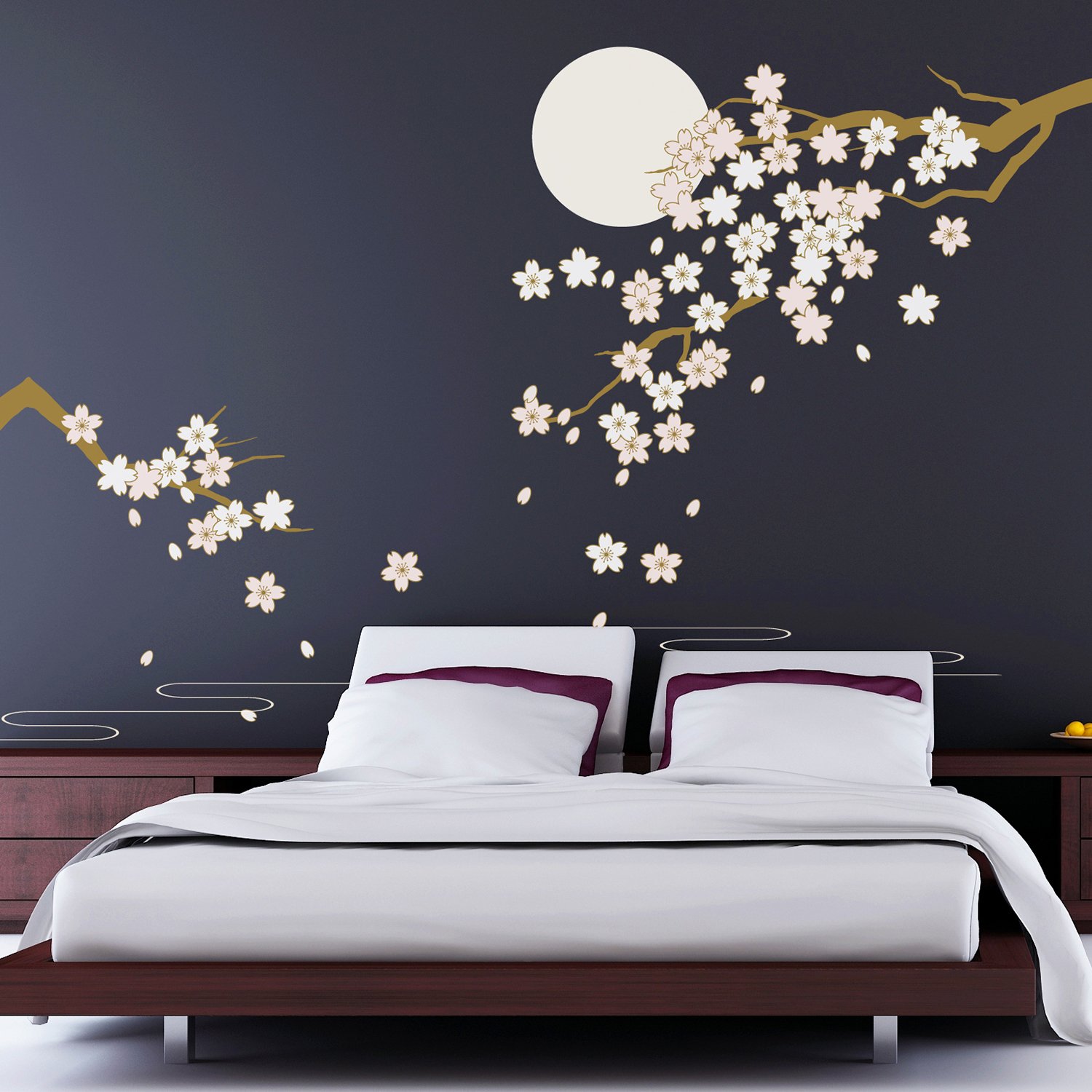 Walplus Cherry Blossom Under Moonlight Mural Art Decals Home Decoration DIY Living Bedroom Office Décor Kids Room Gift Removable Self-Adhesive Wall Sticker, Vinyl, Multi-Colour, 270 x 220 cm