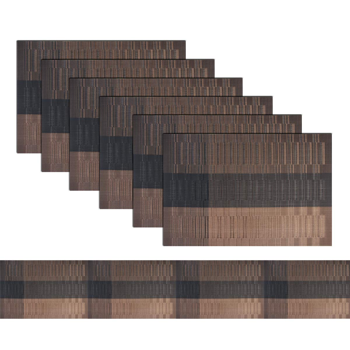 BECHEN Placemats Set of 6 with Table Runner, Elegant Heat-Resistant Table Mats Washable Plastic Placemats for Home Wedding Party (45x30cm + 180x30cm, Brown)