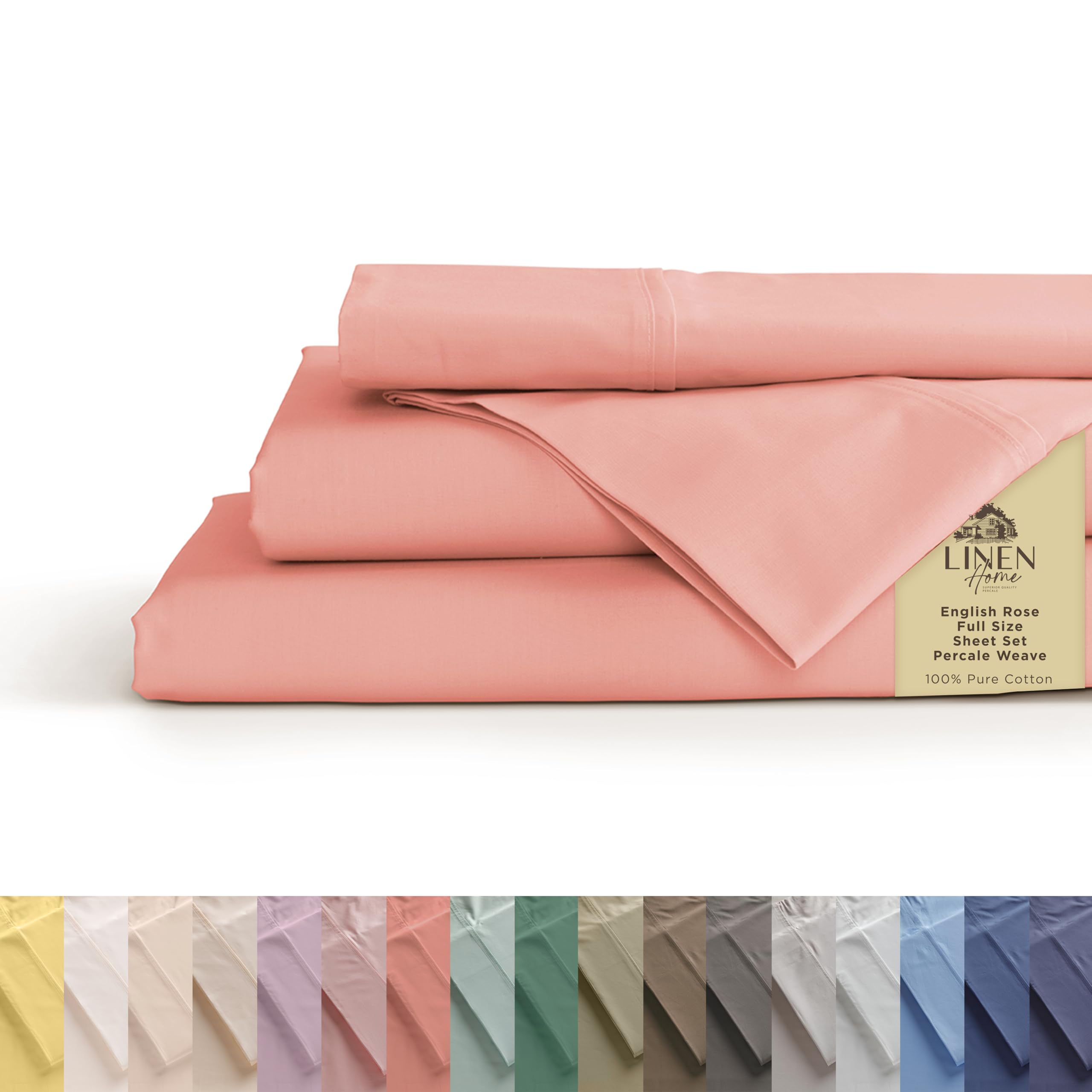 Photo 1 of Linen Home 100% Cotton Percale Sheets Full Size, English Rose, Deep Pocket, 4 Pieces Set - 1 Flat, 1 Deep Pocket Fitted Sheet and 2 Pillowcases, Crisp Cool and Strong Bed Linen