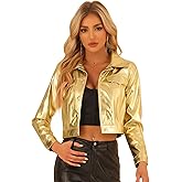 Allegra K Metallic Jacket for Women Moto Biker Jacket Holographic Shiny Crop Party Jackets
