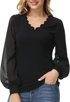 Elegant Women Blouses Scallop V Neck 