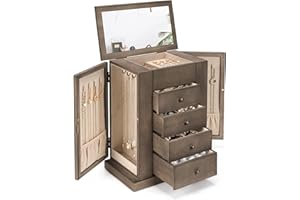 Emfogo Jewelry Box for Women, 5 Layer Large Wood Jewelry Boxes & Organizers for Necklaces Earrings Rings Bracelets, Rustic Je