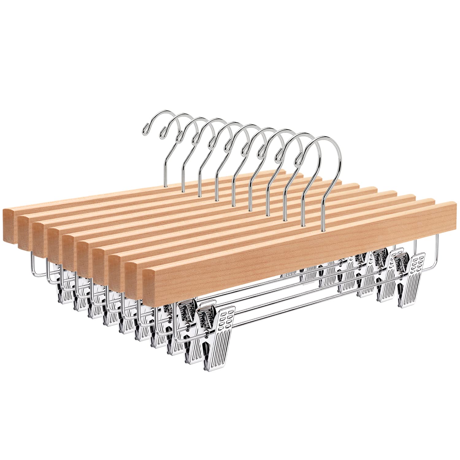 Amber Home Pack of 10 Natural Wood Hangers 14 Inch for Trousers Skirts Socks Underwear Non-Slip Hangers with Clips