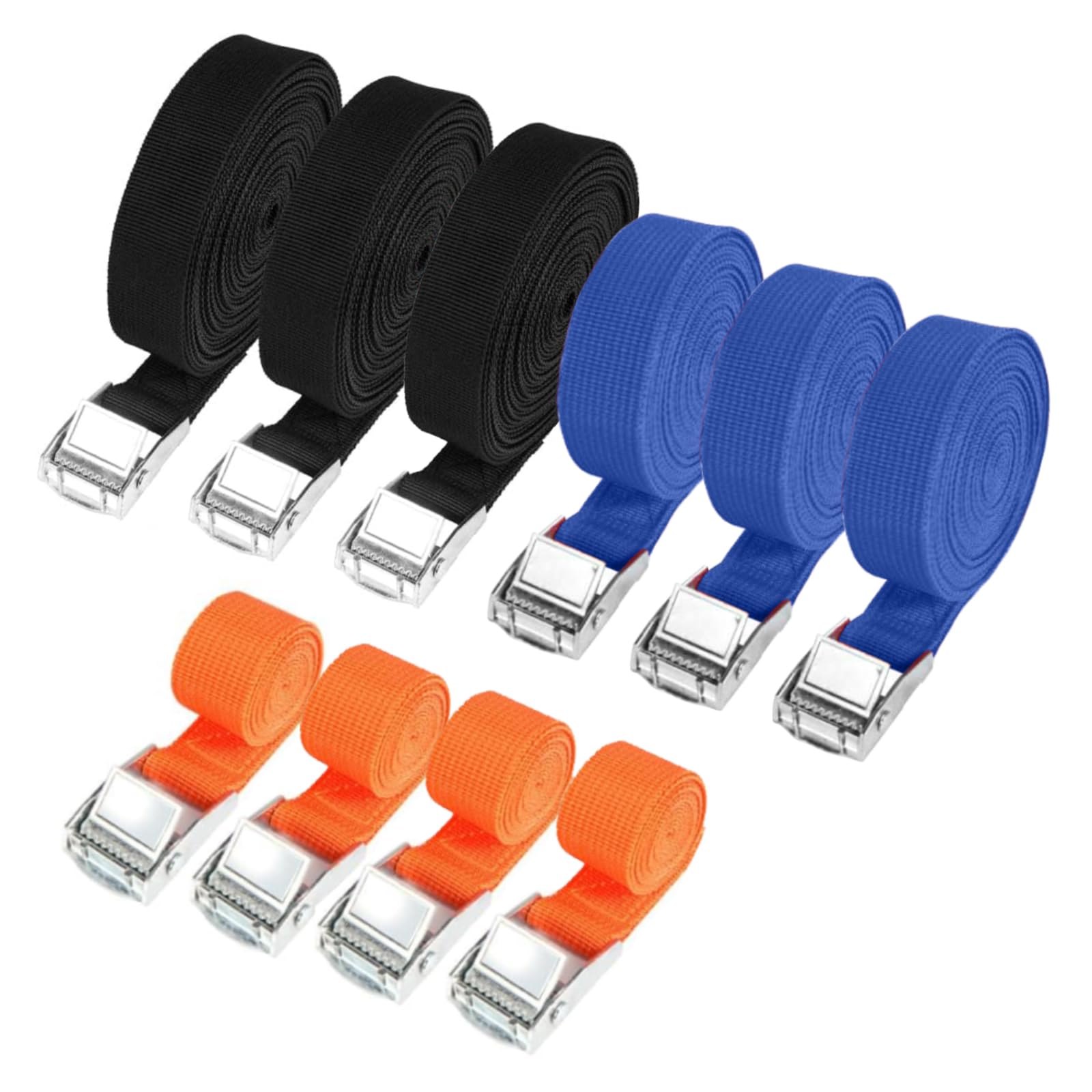 Hodzeed 10 Pack Tightening Luggage Ratchet Straps with Claw Buckle - 25mm Cargo Tie Down Straps From 1m to 6m, 250 Kg Load (Orange Blue Black, 1M 3M 5M)