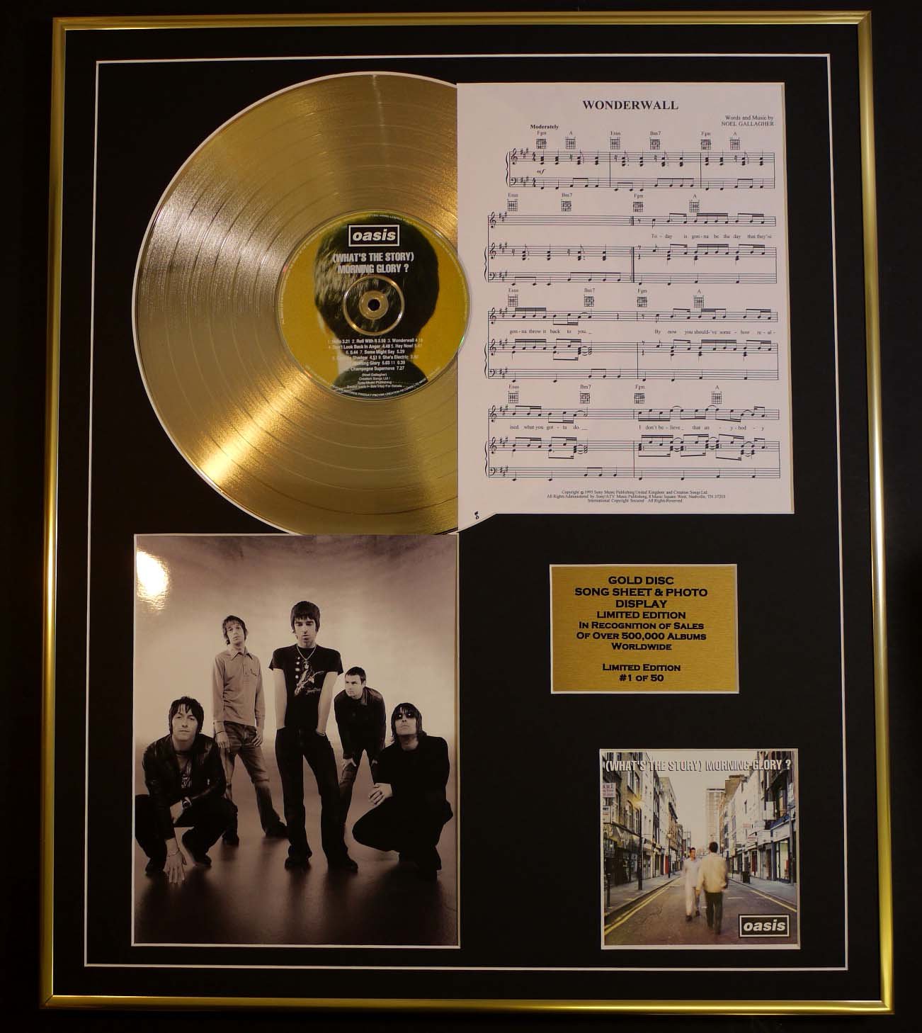 OASIS/CD GOLD DISC, SONG SHEET & PHOTO DISPLAY/LTD. EDITION/COA/ALBUM, (WHATS THE STORY) MORNING GLORY/SONG SHEET, WONDERWALL