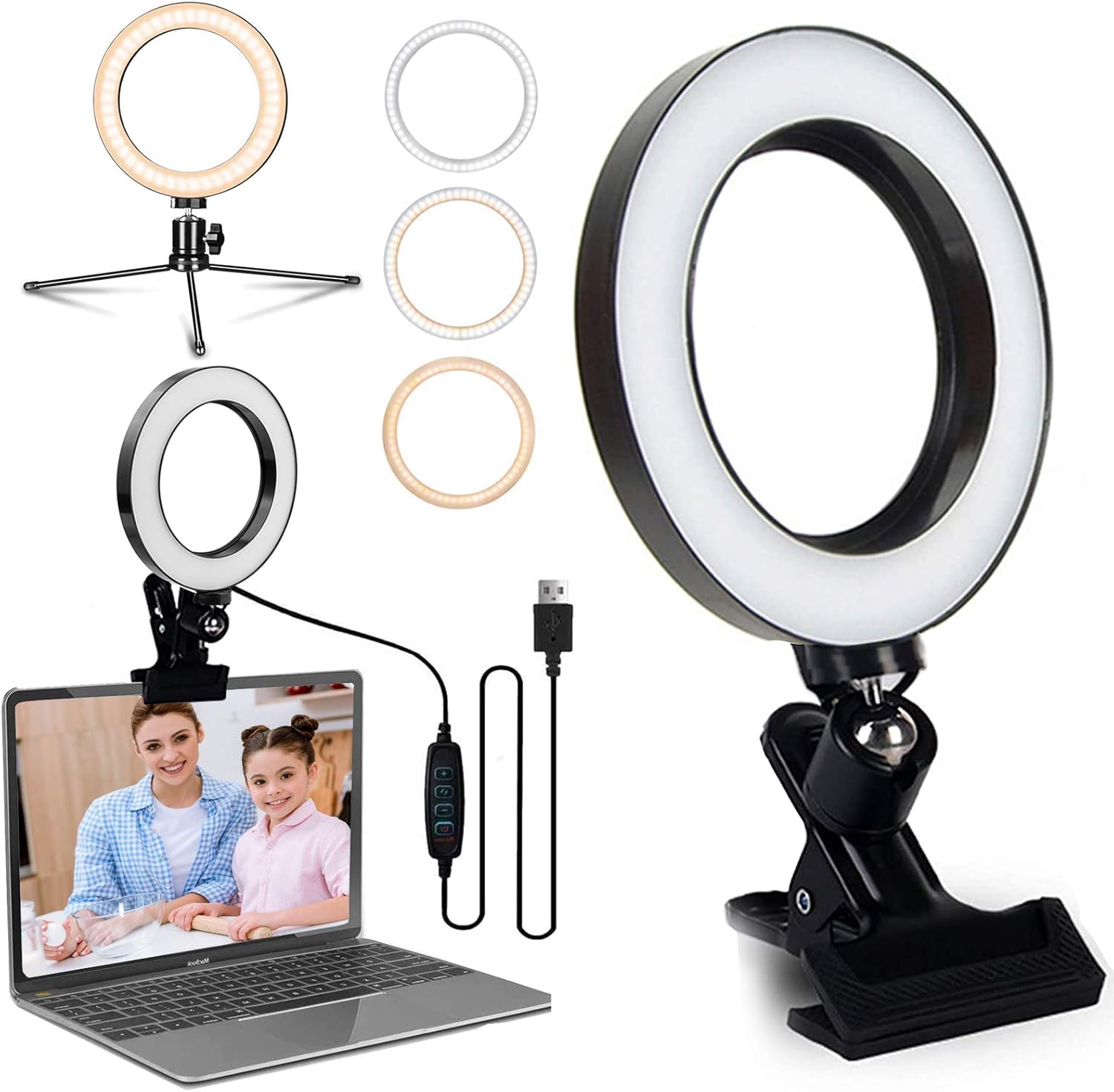 6.2'' LED Ring Light for Computer Laptop Video Conference Lighting with Clip Clamp Mount/Desk/Bed/Office Tripod Stand Selfie Lights for Zoom Meeting, Live Stream/Makeup/YouTube/TIKTok