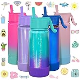 CHILLOUT LIFE 17 oz Kids Insulated Water Bottle for School with Straw Lid Leakproof and Cute Waterproof Stickers, Personalized Stainless Steel Thermos Flask Metal Water Bottle for Girls & Boys