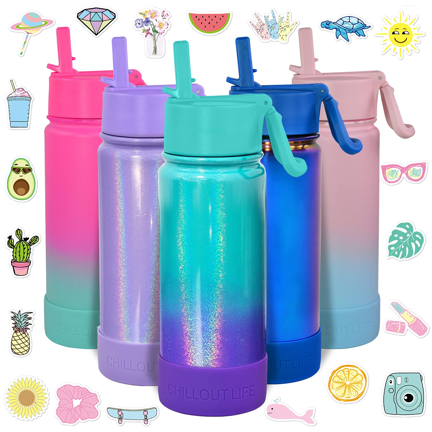 CHILLOUT LIFE 17 oz Insulated Water Bottle with Straw Lid for Kids and Adult + 20 Cute Waterproof Stickers - Perfect for Personalizing Your Kids Metal Water Bottle. (Mermaid Sparkle)