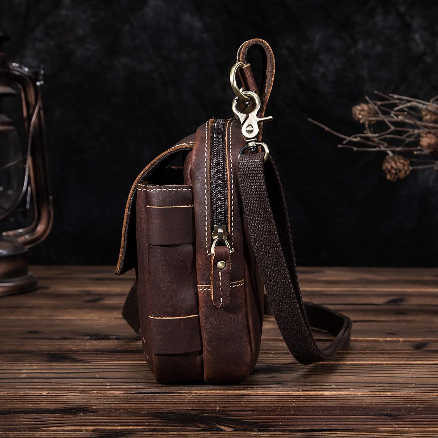 Le'aokuu Mens Genuine Leather Coffee Small Messenger Shoulder Satchel Waist Bag Pack (832 Dark Brown), V832 Db - Image 4