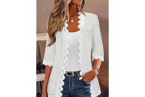 Women's 3/4 Sleeve Lace Cardigan,Open Front Scalloped Edge Lightweight Crochet Knit Cover Up Casual Elegant Outerwear