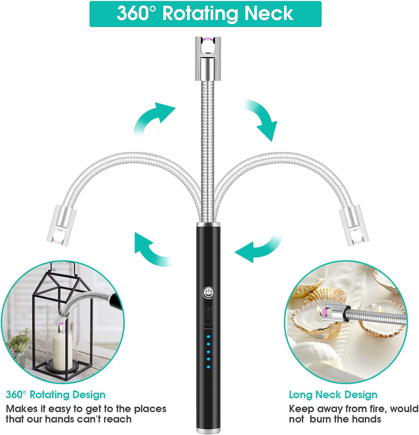 TWODEER Candle Lighter, 2 Pack USB Rechargeable Electric Lighter with LED Battery Display & Safety Switch, Flameless Long Flexible Neck Arc Lighter for Candle Camping Grill Stoves (Black & Silver): Kitchen & Dining
