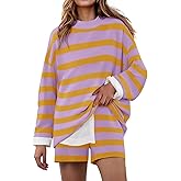 ZESICA Striped Lounge Sets for Women Fall 2026 2 Piece Oversized Outfits Long Sleeve Tops and Shorts Sweater Pajama Set