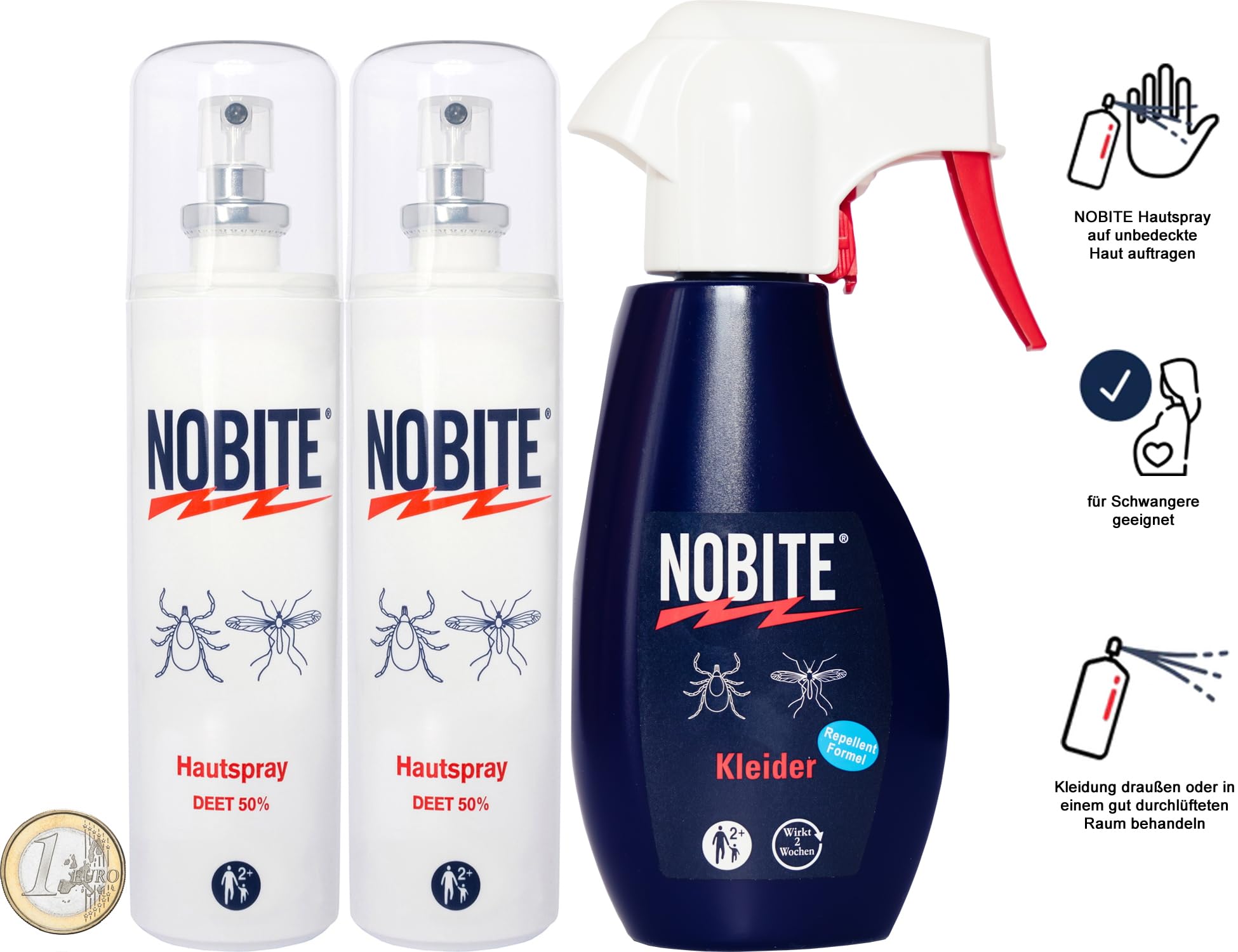NOBITE Insektenschutz Set (3-teilig) + Kulturtasche – Mückenschutz & Kleider-Imprägnierung gegen Zecken, Tropen & Reisen – DEET 50% Hautspray 2x100ml + 200ml Kleiderspray – Langanhaltend für Familie 3