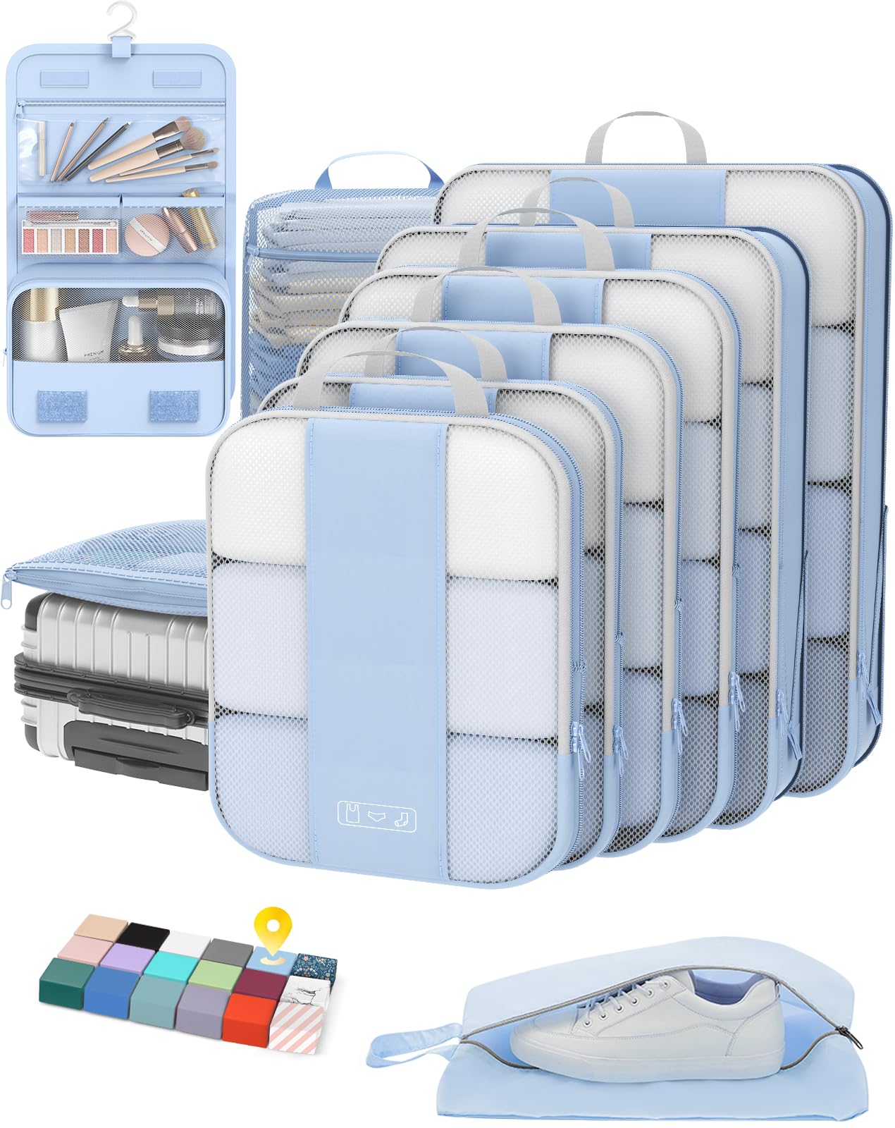 Photo 1 of 10 Set Compression Packing Cubes for Travel Essentials,Compressible Expandable Packing Cubes for Suitcase,OlarHike Luggage Organizer Bags for Travel,Handy Helper for Organizing Clothes(Light Blue)