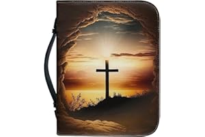 PORCLAY Cross Lay Flat Bible Cover for Women and Men Dawn of Heaven Faith Bible Cover with Handles Study Bible Carrying Case Black PU Leathe Waterproof Bible Case Bible Organizer Tote Bag,L