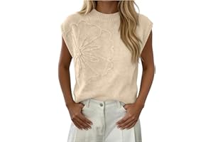 Women's Floral Embroidered Knit Top Crew Neck Cap Sleeve Sweater Vest Casual Loose Fit Pullover