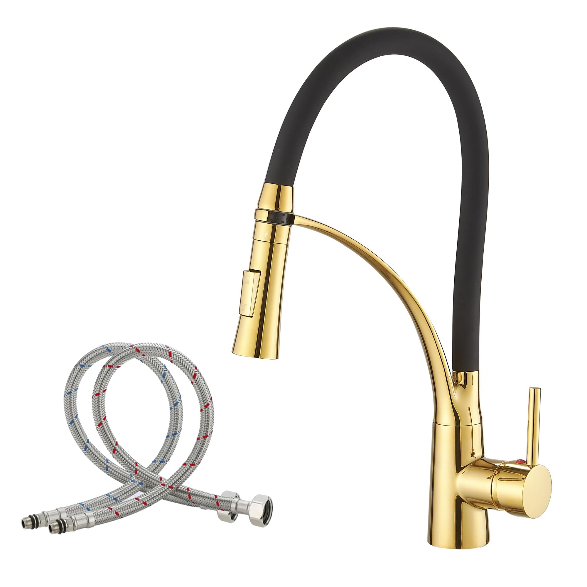 Haiba Gold Kitchen Sink Tap with Pull Down Dual Function Sprayer, Single Lever Swivel Kitchen Mixer Taps with Black Silicone Hose, Solid Brass