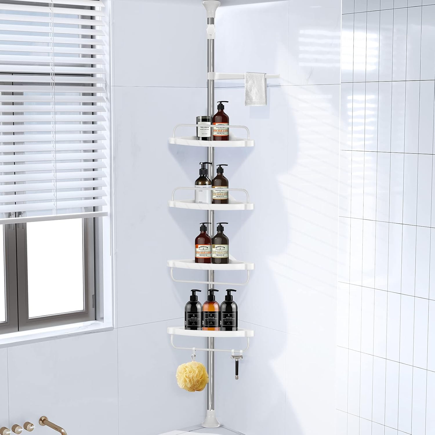 Homemaxs Corner Shower Caddy, 304 Stainless Steel Shower Caddy Tension Pole More Durable, 4-Tier Adjustable Bathroom Shelf with Upgrade Cone Non-Slip Silicone Mat Stable in Bathroom: Home Improvement