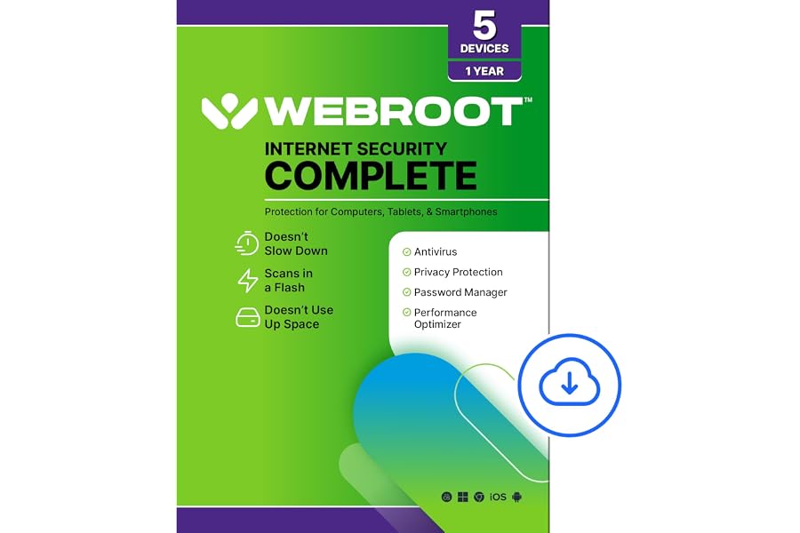 Webroot Internet Security Complete | Antivirus Software 2025 | 5 Device | 1 Year Download for PC/Mac/Chromebook/Android/IOS +