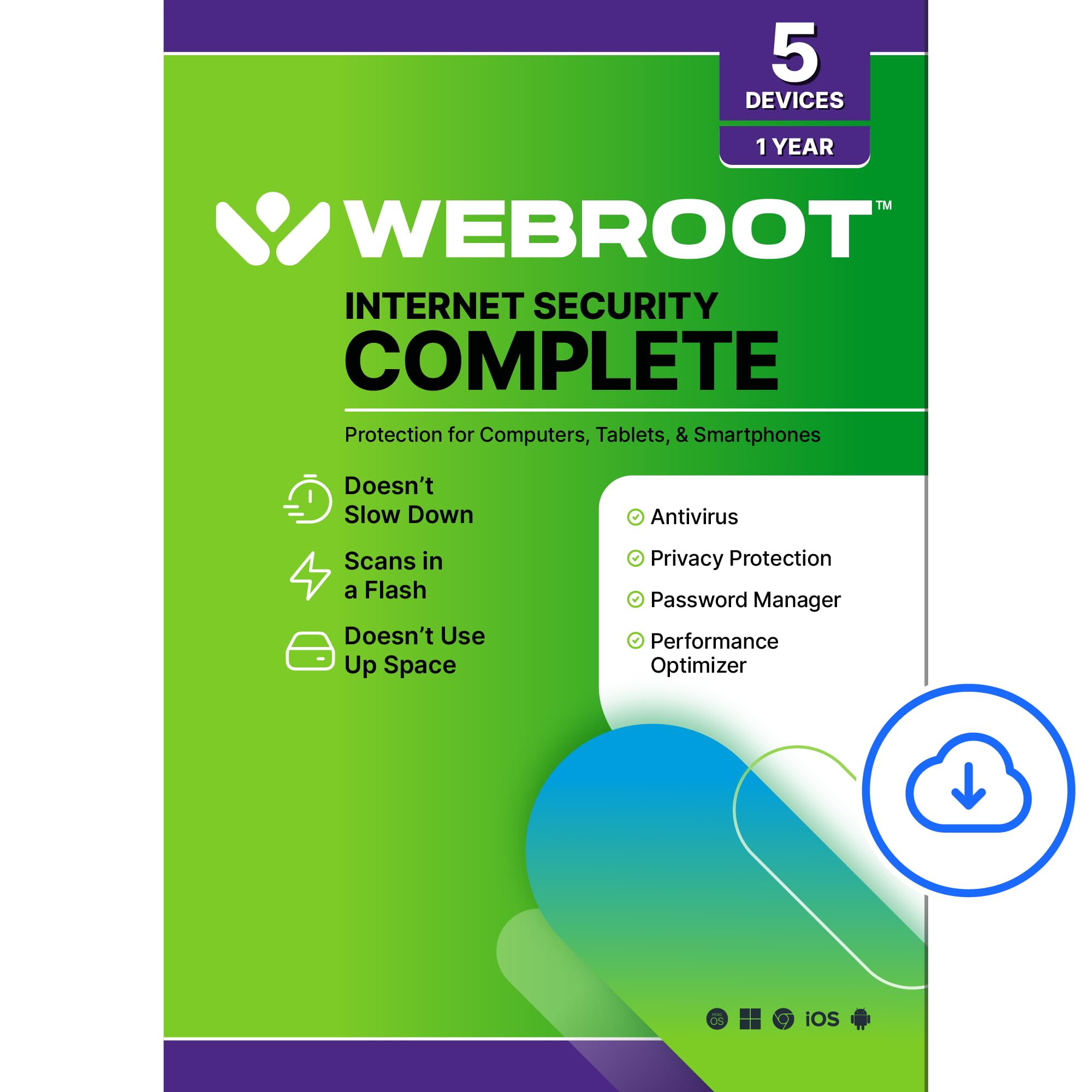 Webroot Internet Security Complete | Antivirus Software 2026 | 5 Device | 1 Year Download for PC/Mac/Chromebook/Android/IOS + Password Manager, Performance Optimizer