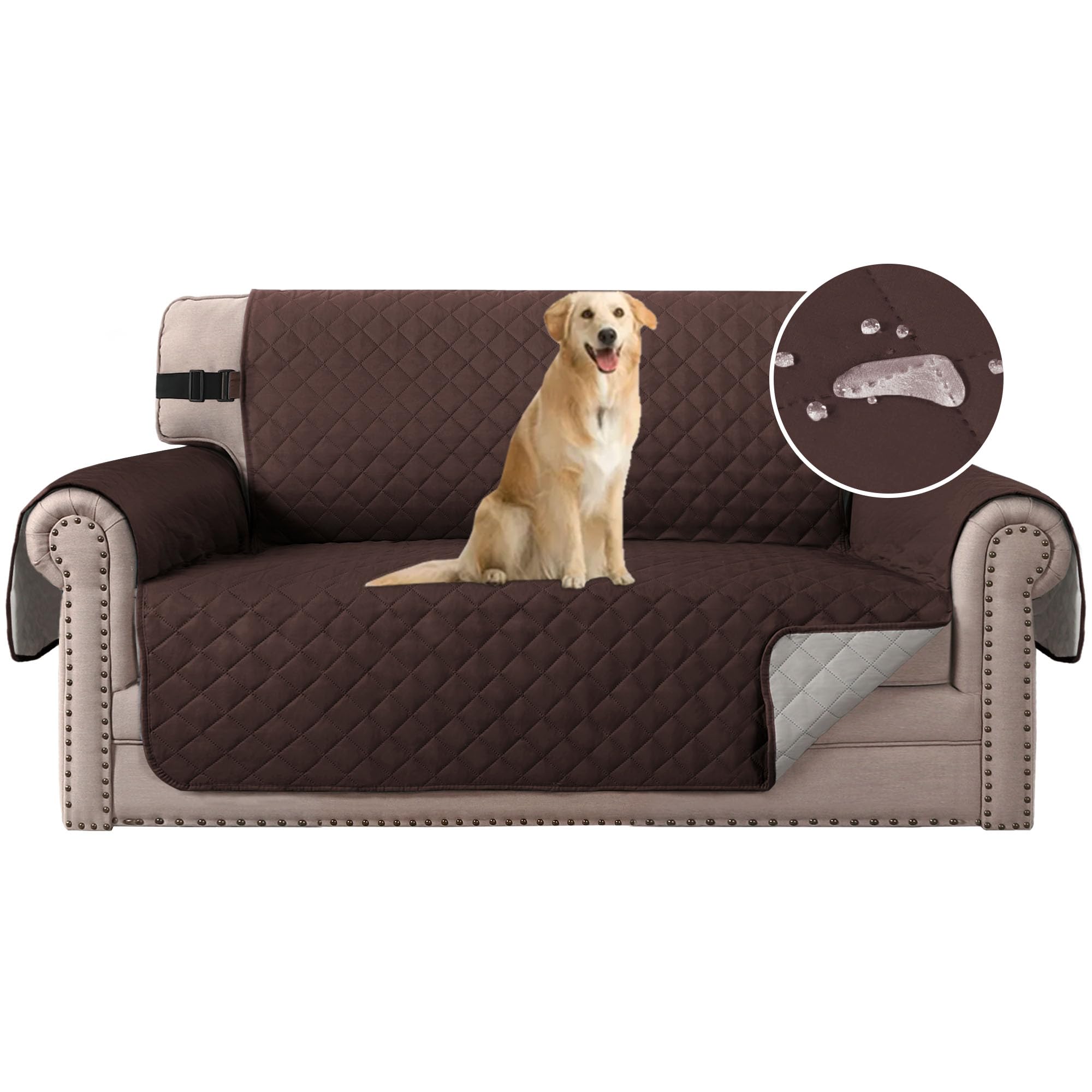 H.Versailtex Reversible Sofa Cover Furniture Protector, 2 Seater Couch Covers for Kids with Adjustable Elastic Straps, Water Resistant Sofa Slipcovers for Pets(Brown/Beige)