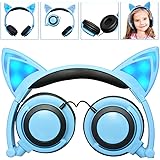 Wired Headphones Over-Ear Foldable Cat Ear Earphones with LED Light for Girls,Children.Compatible for Mp3 Mp4 Player,iPhone 6