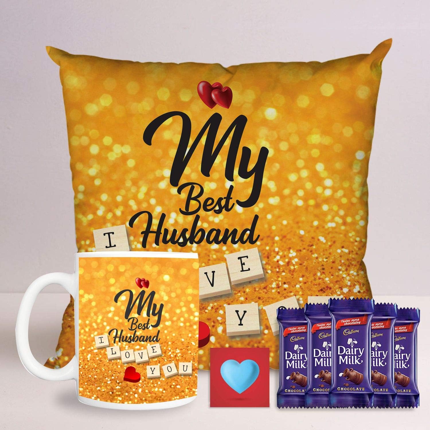 YaYa cafe Valentine Day Chocolate Gifts Combo for Girlfriend Mug Card Coaster Cushion Cover My Best Husband - 10 Dairy Milk Chocolates, Black